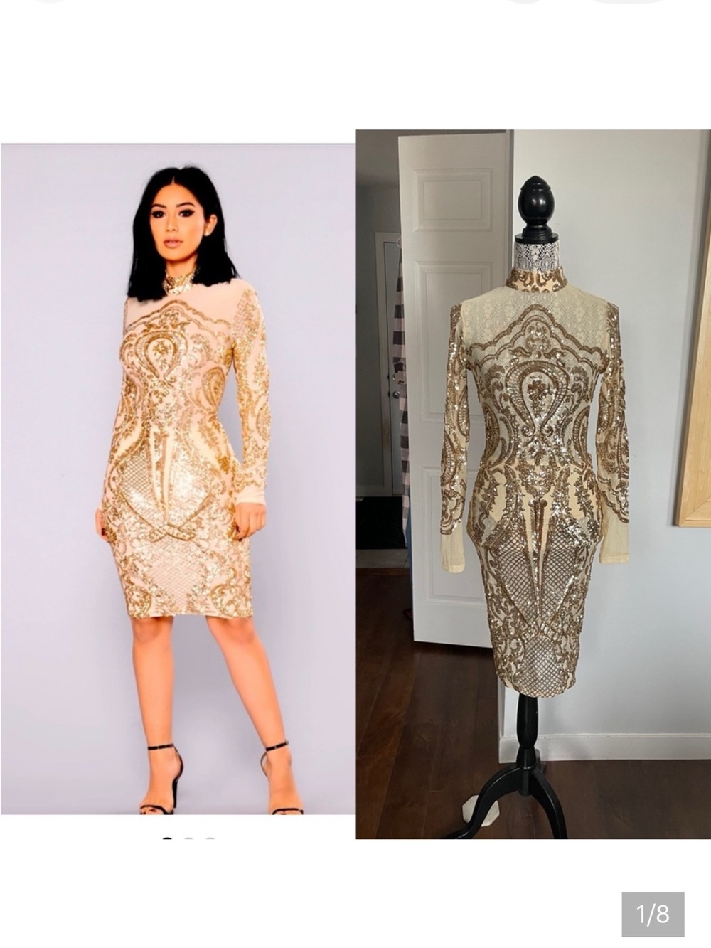 NWT Sheer Mesh Gold Sequin Bodycon Dress Built In Underwear. Small